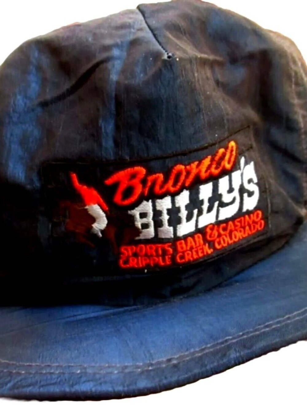 Vtg 70s 80s BLUE SATIN NYLON BRONCO BILLY'S COLORADO CASINO BILLED HAT CAP